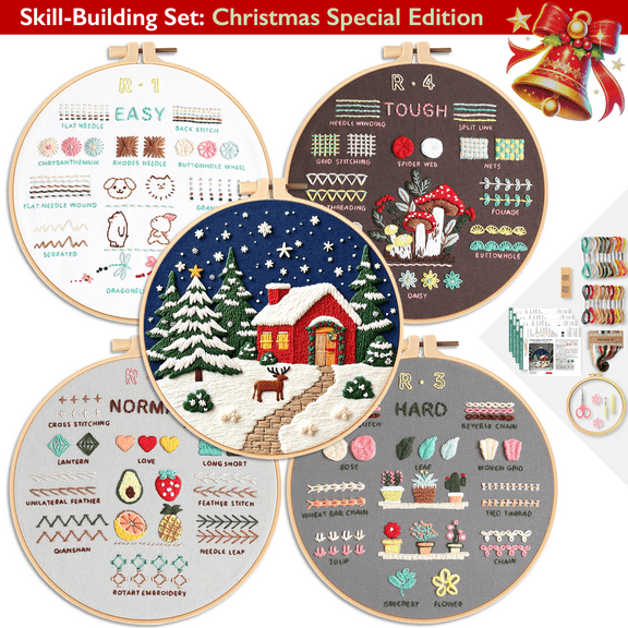 ComfiTime Christmas Embroidery Kit for Beginners – 5 Skill-Building Levels, Starter Kit for Kids & Adults, Stamped Basic Stitch Patterns with Hoop, Easy Arts & Crafts, Threads/Floss, Needlepoint Kit