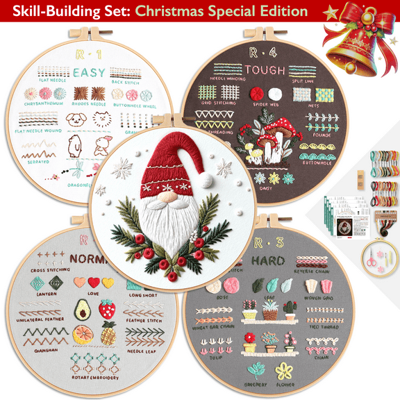 ComfiTime Christmas Embroidery Kit for Beginners – 5 Skill-Building Levels, Starter Kit for Kids & Adults, Stamped Basic Stitch Patterns with Hoop, Easy Arts & Crafts, Threads/Floss, Needlepoint Kit
