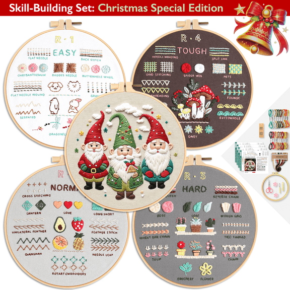 ComfiTime Christmas Embroidery Kit for Beginners – 5 Skill-Building Levels, Starter Kit for Kids & Adults, Stamped Basic Stitch Patterns with Hoop, Easy Arts & Crafts, Threads/Floss, Needlepoint Kit