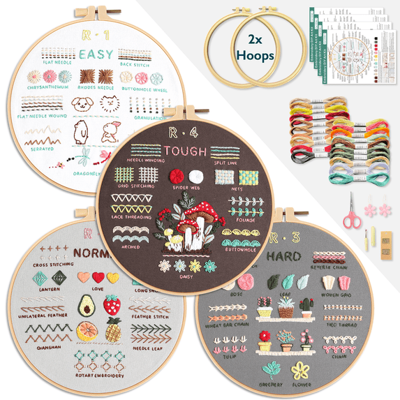 ComfiTime Beginner Embroidery Kit, 4 Skill Levels, Stamped Patterns, 2 ...