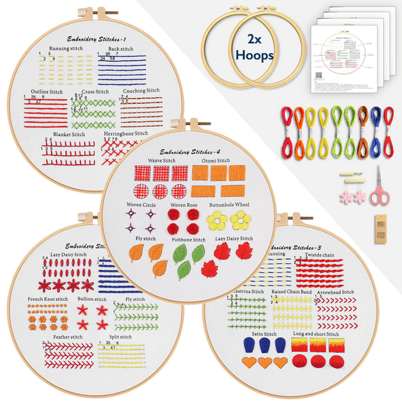 ComfiTime Embroidery Kit for Beginners – 4 Skill-Building Levels for Kids & Adults, Stamped Basic Stitch Patterns, Easy Arts & Crafts with 2 Hoops, Threads/Floss, Needles, Scissors & Instructions