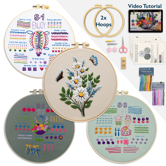 ComfiTime Embroidery Kit for Beginners – 4 Skill-Building Levels for Kids & Adults, Stamped Basic Stitch Patterns, Easy Arts & Crafts with 2 Hoops, Threads/Floss, Needles, Scissors & Instructions