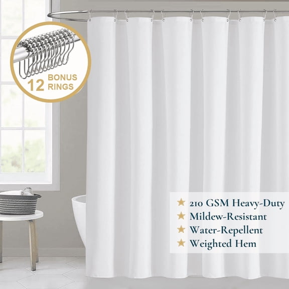 ComfiTime Fabric Shower Curtain with Hooks – 210 GSM Heavy-Duty Faux Linen Hotel Luxury Cloth Bathroom Curtain, Weighted Hem, Water-Repellent, Mildew-Resistant, Machine-Washable, 72 x 78 in, White