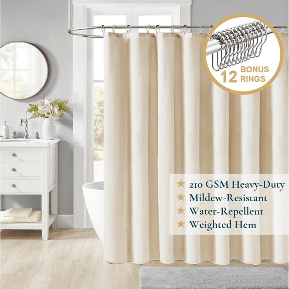 ComfiTime Fabric Shower Curtain with Hooks – 210 GSM Heavy-Duty Faux Linen Hotel Luxury Cloth Bathroom Curtain, Weighted Hem, Water-Repellent, Machine-Washable, 36 x 72 in, Beige