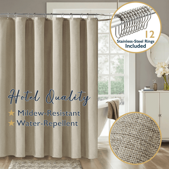 ComfiTime Fabric Shower Curtain with Hooks – 210 GSM Heavy-Duty Faux Linen Hotel Luxury Cloth Bathroom Curtain, Weighted Hem, Water-Repellent, Mold/Mildew-Resistant, Machine-Washable, 72 x 78 in, Oat