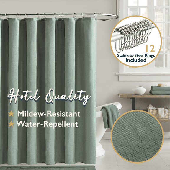 ComfiTime Fabric Shower Curtain with Hooks – 210 GSM Heavy-Duty Faux Linen Hotel Luxury Cloth Bathroom Curtain, Weighted Hem, Water-Repellent, Mold-Resistant, Machine-Washable, 72 x 72 in, Green