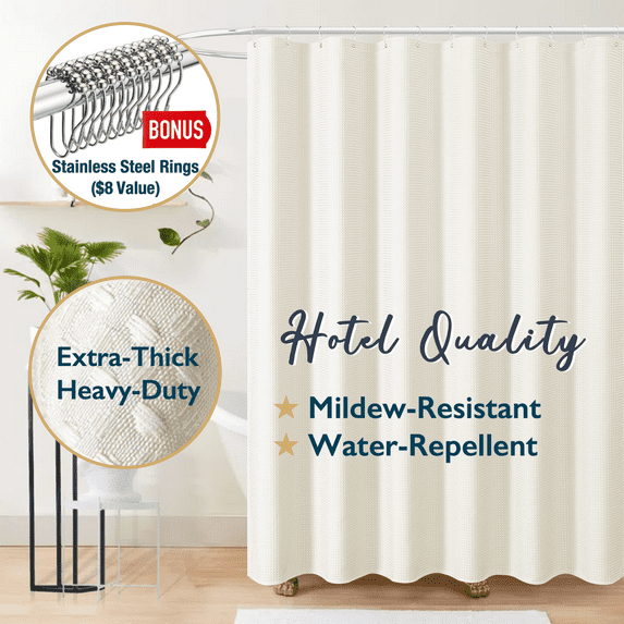 ComfiTime Fabric Shower Curtain with Hooks – 230 GSM Heavy-Duty Weighted-Hem Hotel Luxury Cloth Bathroom Curtain, Water-Repellent, Mold/Mildew-Resistant, Machine-Washable, 36 x 72, Embossed, Cream