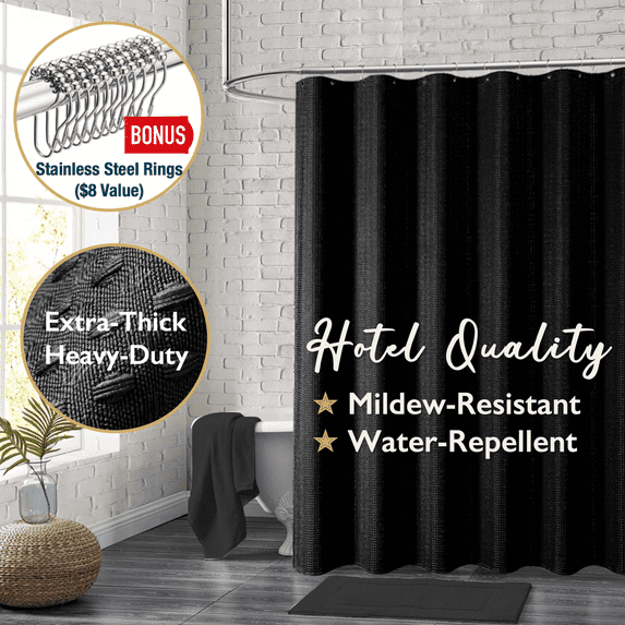 ComfiTime Fabric Shower Curtain with Hooks – 230 GSM Heavy-Duty Weighted-Hem Hotel Luxury Cloth Bathroom Curtain, Water-Repellent, Mold/Mildew-Resistant, Machine-Washable, 72 x 84, Embossed, Black
