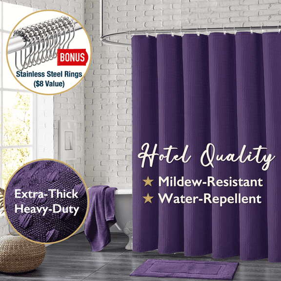 ComfiTime Fabric Shower Curtain with Hooks – 230 GSM Heavy-Duty Weighted-Hem Hotel Luxury Cloth Bathroom Curtain, Water-Repellent, Mold/Mildew-Resistant, Machine-Washable, 72 x 78, Embossed, Eggplant