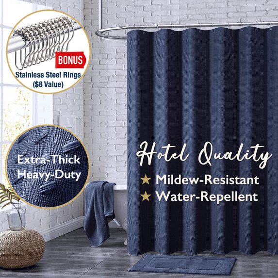 ComfiTime Fabric Shower Curtain with Hooks – 230 GSM Heavy-Duty Weighted-Hem Hotel Luxury Cloth Bathroom Curtain, Water-Repellent, Mold/Mildew-Resistant, Machine-Washable, 72 x 84, Embossed, Navy