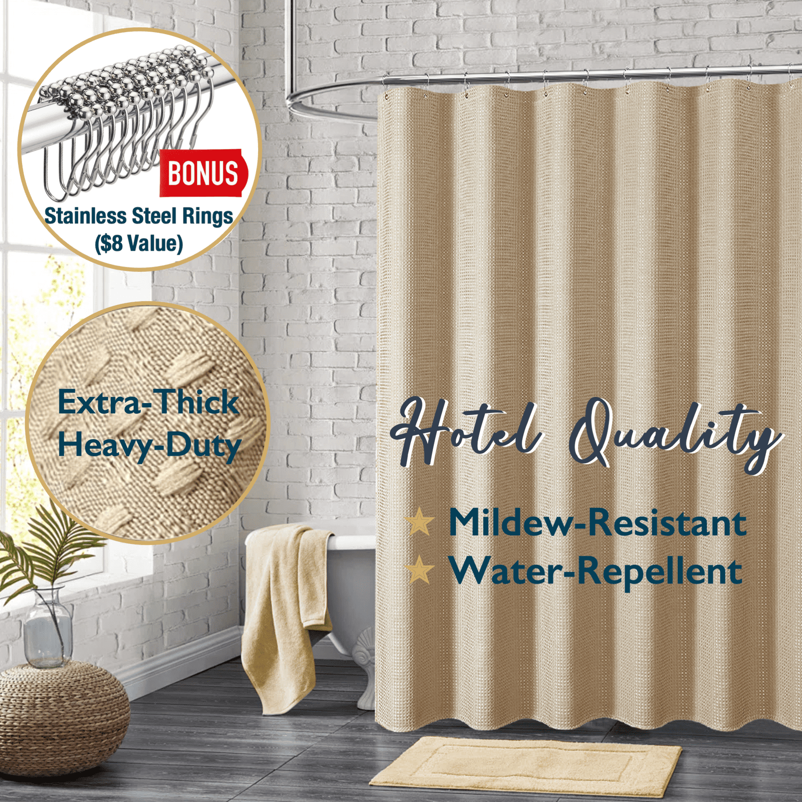 ComfiTime Fabric Shower Curtain with Hooks – 230 GSM Heavy-Duty Weighted-Hem Hotel Luxury Cloth Bathroom Curtain, Water-Repellent, Mold/Mildew-Resistant, Machine-Washable, 36 x 72, Embossed, Khaki