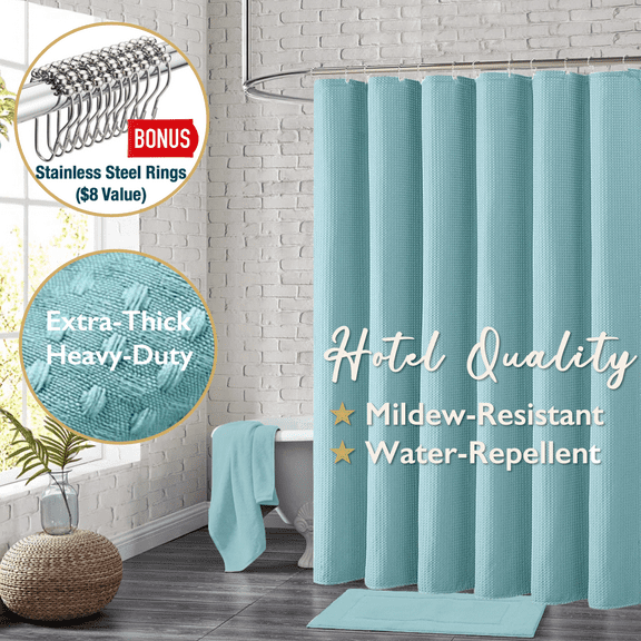 ComfiTime Fabric Shower Curtain with Hooks – 230 GSM Heavy-Duty Weighted-Hem Hotel Luxury Cloth Bathroom Curtain, Water-Repellent, Mold/Mildew-Resistant, Machine-Washable, 36 x 72, Embossed, Blue