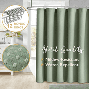 ComfiTime Fabric Shower Curtain with Hooks – 230 GSM Heavy-Duty Weighted-Hem Hotel Luxury Cloth Bathroom Curtain, Water-Repellent, Mold/Mildew-Resistant, Machine-Washable, 72 x 72, Embossed, Green