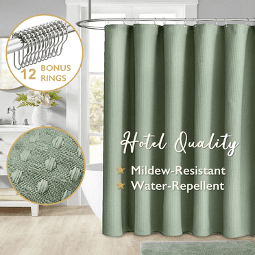 ComfiTime Fabric Shower Curtain with Hooks – 230 GSM Heavy-Duty Weighted-Hem Hotel Luxury Cloth Bathroom Curtain, Water-Repellent, Mold/Mildew-Resistant, Machine-Washable, 72 x 72, Embossed, Green