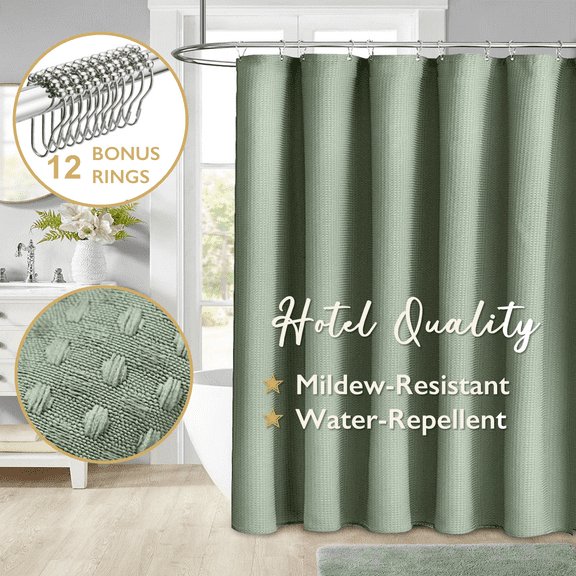 ComfiTime Fabric Shower Curtain with Hooks – 230 GSM Heavy-Duty Weighted-Hem Hotel Luxury Cloth Bathroom Curtain, Water-Repellent, Mold/Mildew-Resistant, Machine-Washable, 72 x 72, Embossed, Green