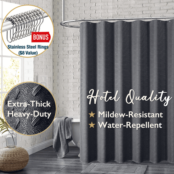 ComfiTime Fabric Shower Curtain with Hooks – 230 GSM Heavy-Duty Weighted-Hem Hotel Luxury Cloth Bathroom Curtain, Water-Repellent, Mold/Mildew-Resistant, Machine-Washable, 36 x 72, Embossed, Gray
