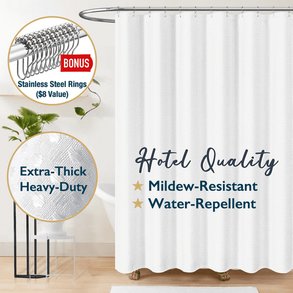 ComfiTime Fabric Shower Curtain with Hooks – 230 GSM Heavy-Duty Weighted-Hem Hotel Luxury Cloth Bathroom Curtain, Water-Repellent, Mold/Mildew-Resistant, Machine-Washable, 72 x 78, Embossed, White