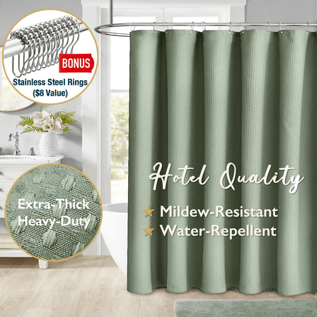 ComfiTime Fabric Shower Curtain with Hooks – 230 GSM Heavy-Duty Weighted-Hem Hotel Luxury Cloth Bathroom Curtain, Water-Repellent, Mold/Mildew-Resistant, Machine-Washable, 72 x 72, Embossed, Green