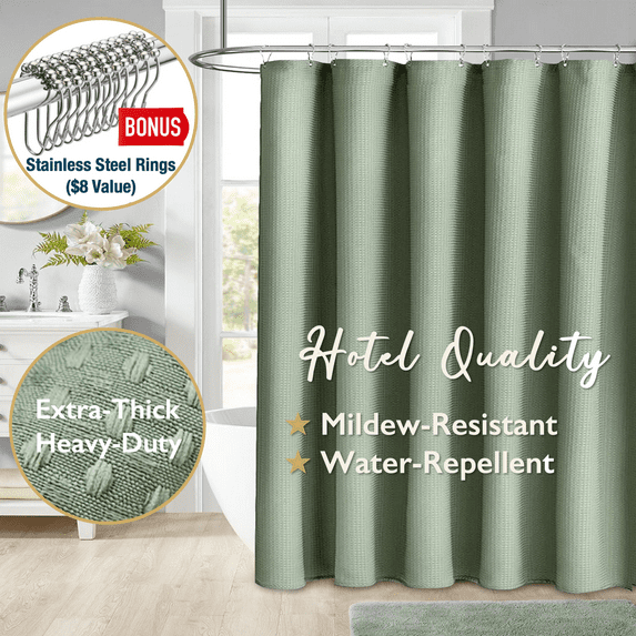 ComfiTime Fabric Shower Curtain with Hooks – 230 GSM Heavy-Duty Weighted-Hem Hotel Luxury Cloth Bathroom Curtain, Water-Repellent, Mold/Mildew-Resistant, Machine-Washable, 72 x 96, Embossed, Green
