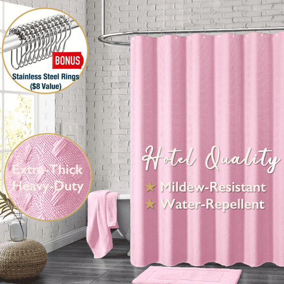 ComfiTime Fabric Shower Curtain with Hooks – 230 GSM Heavy-Duty Weighted-Hem Hotel Luxury Cloth Bathroom Curtain, Water-Repellent, Mold/Mildew-Resistant, Machine-Washable, 72 x 72, Embossed, Pink