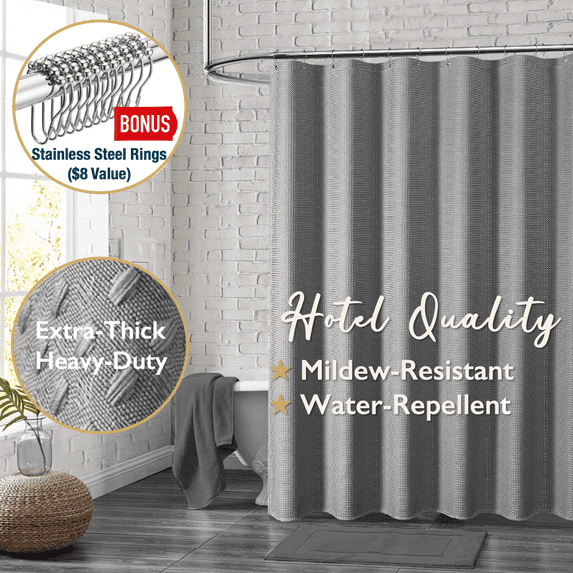ComfiTime Fabric Shower Curtain with Hooks – 230 GSM Heavy-Duty Weighted-Hem Hotel Luxury Cloth Bathroom Curtain, Water-Repellent, Mold/Mildew-Resistant, Machine-Washable, 72 x 72, Embossed, Grey