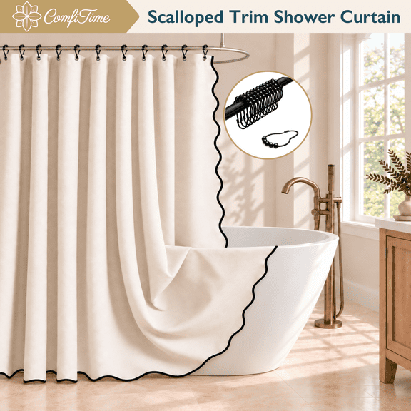 ComfiTime Faux Linen Scalloped Shower Curtain with Contrast Border, Cream, 72" x 84"