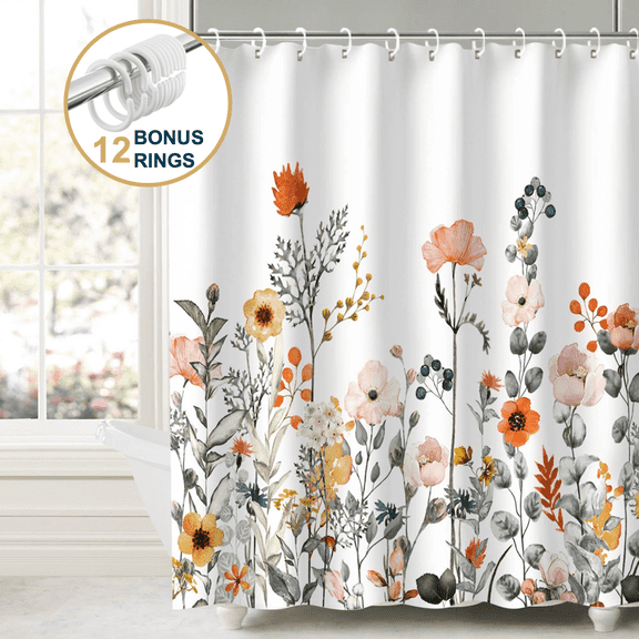 ComfiTime Floral Shower Curtain with Hooks – Heavy-Duty Mold/Mildew-Resistant, Weighted-Hem Fabric Bathroom Curtain, Water-Repellent, Machine-Washable, Fade-Resistant, Blossom Print, 72 x 72