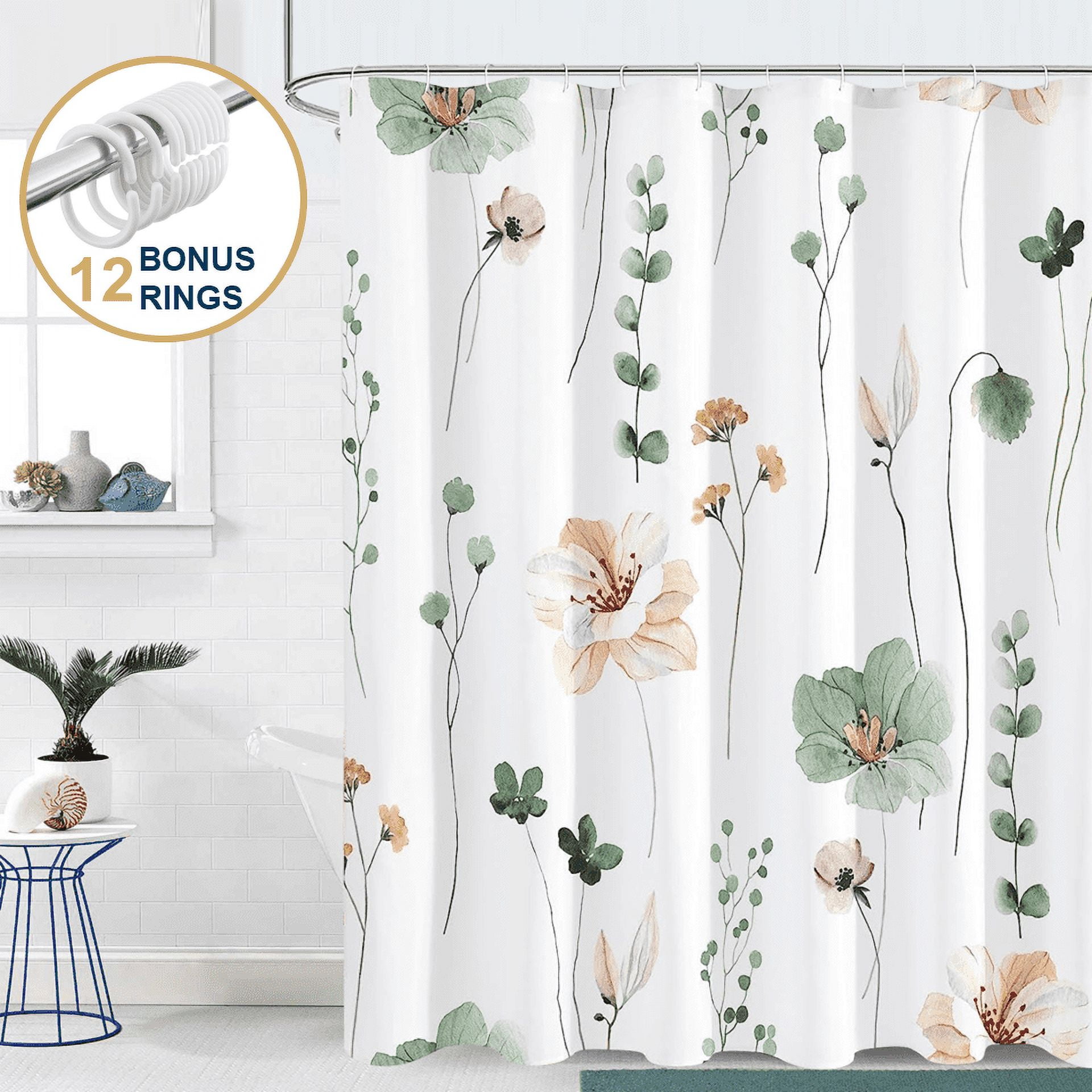 ComfiTime Floral Shower Curtain with Hooks – Heavy-Duty Mold/Mildew ...