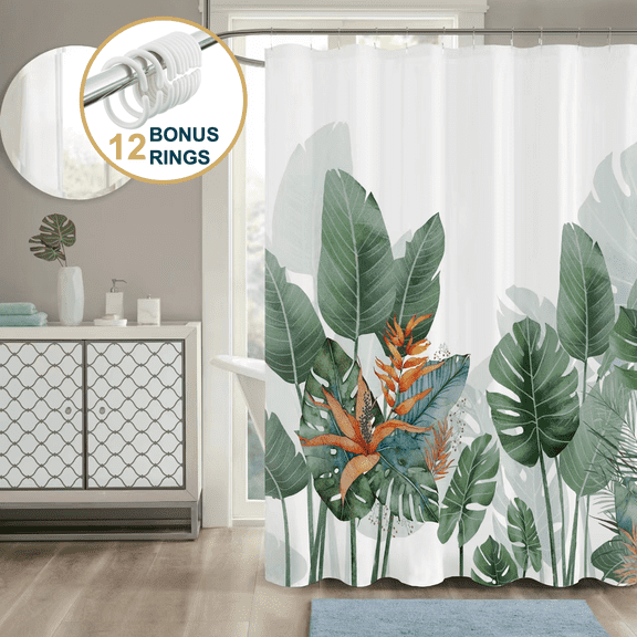 ComfiTime Green Shower Curtain with Hooks – Heavy-Duty Mold/Mildew-Resistant, Weighted-Hem Fabric Bathroom Curtain, Water-Repellent, Machine-Washable, Fade-Resistant, Green Palm Design, 72 x 72