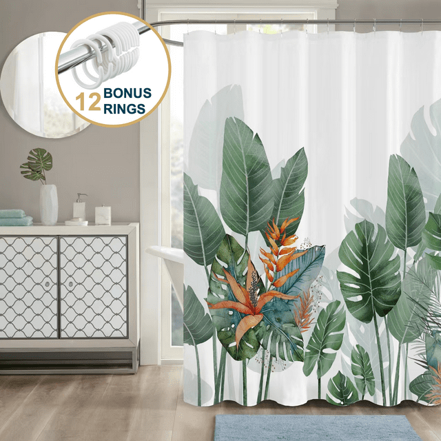 ComfiTime Green Palm Design Shower Curtain Mold Resistant, Weighted