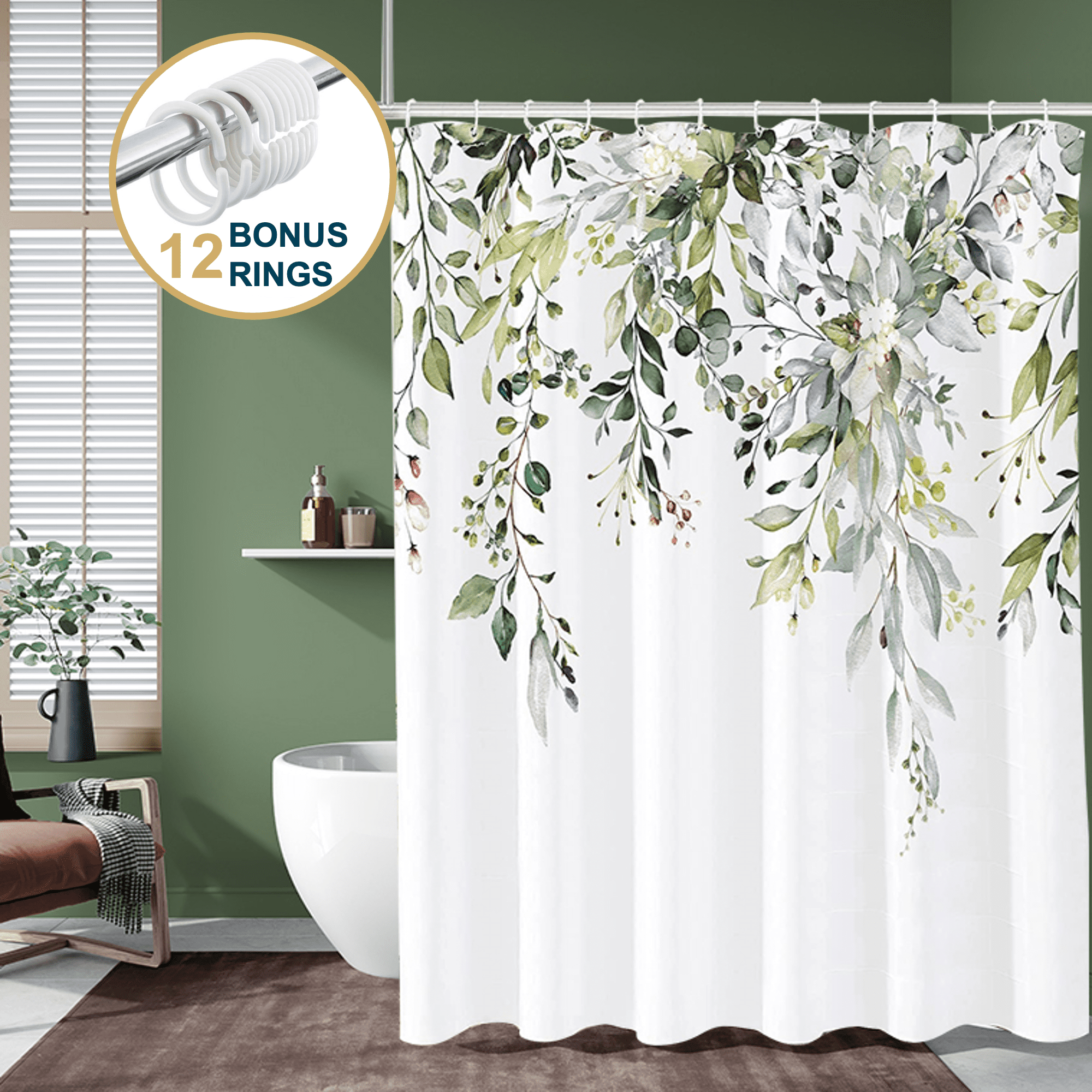 ComfiTime Green Shower Curtain with Hooks – Heavy-Duty Mold/Mildew-Resistant, Weighted-Hem Fabric Bathroom Curtain, Water-Repellent, Machine-Washable, Fade-Resistant, Hanging Vines Design, 72 x 72 - Walmart.com