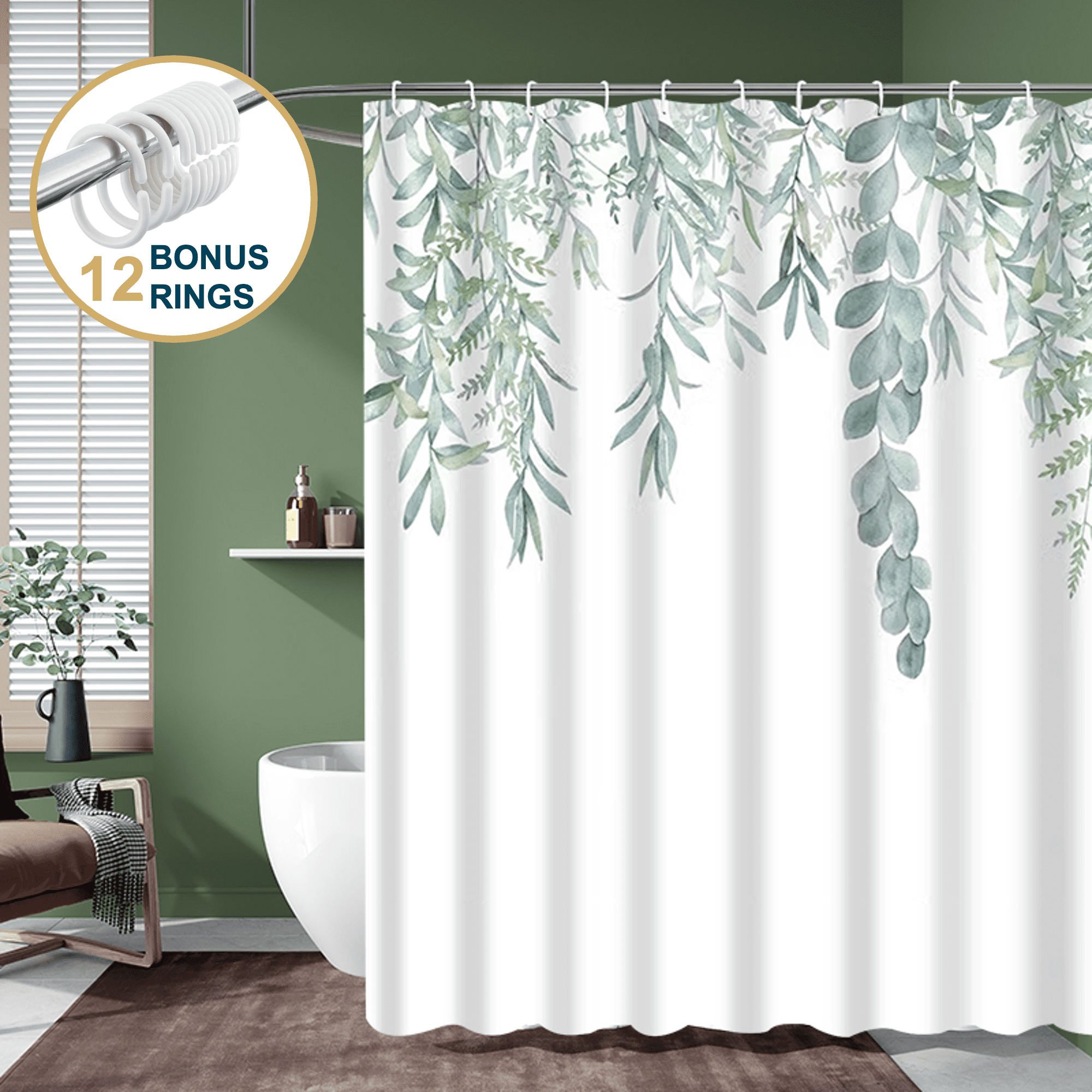 Comfitime Green Shower Curtain with Hooks Heavy-Duty Mold/Mildew-Resistant, Weighted-Hem Fabric Bathroom Curtain, Water-Repellent, Machine-Washable