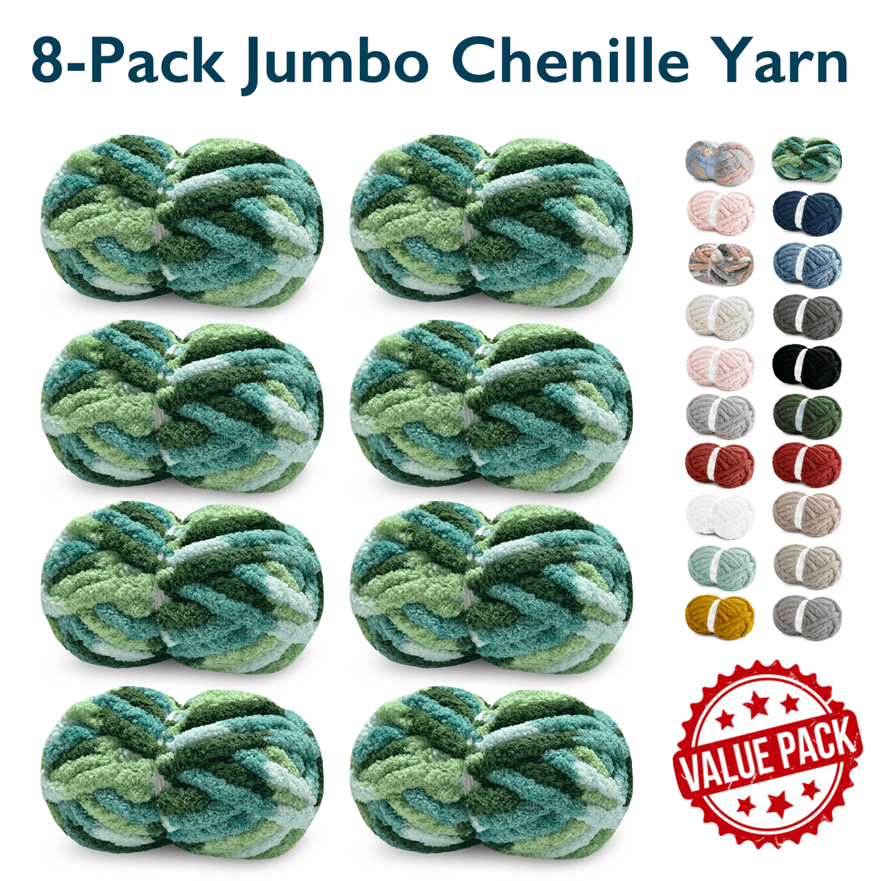 ComfiTime 8-Pack Jumbo 7 Chenille Yarn – Strong Thick Soft Fluffy Yarn for Crochet & Hand Knitting, Quick Work for Plush Blankets, DIY Crafts & Home Décor, Machine Washable, 28 Yds/Skein, Tourmaline