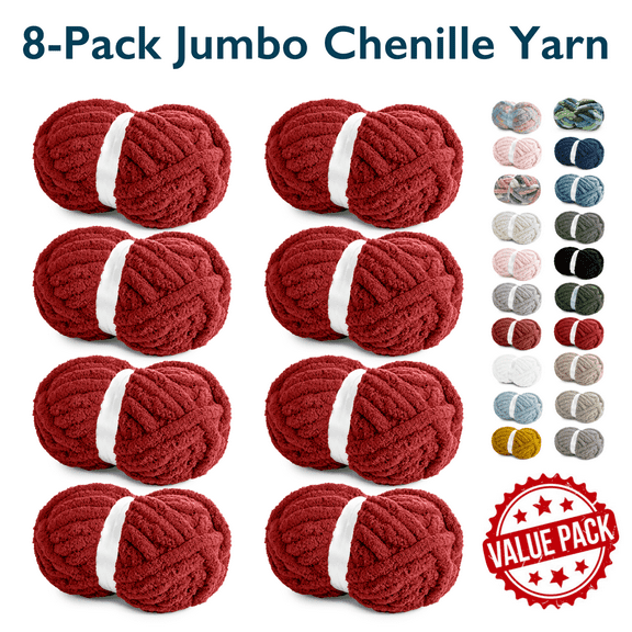 ComfiTime 8-Pack Jumbo 7 Chenille Yarn – Strong Thick Soft Fluffy Yarn for Crochet & Hand Knitting, Quick Work for Plush Blankets, DIY Crafts & Home Décor, Machine Washable, 28 Yds/Skein, Deep Red
