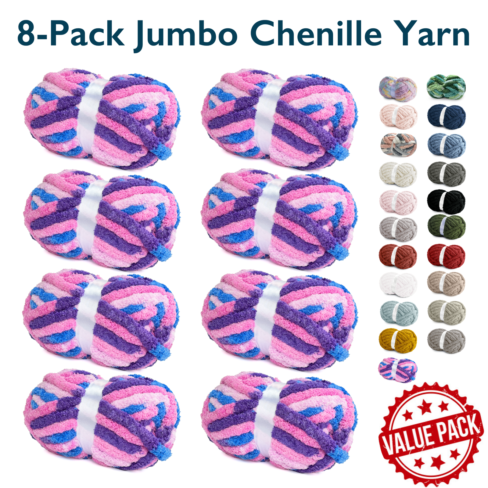 ComfiTime 8-Pack Jumbo 7 Chenille Yarn – Strong Thick Soft Fluffy Yarn for Crochet & Hand Knitting, Quick Work for Plush Blankets, DIY Crafts & Home Décor, Machine Washable, 28 Yds/Skein, Berry Mix