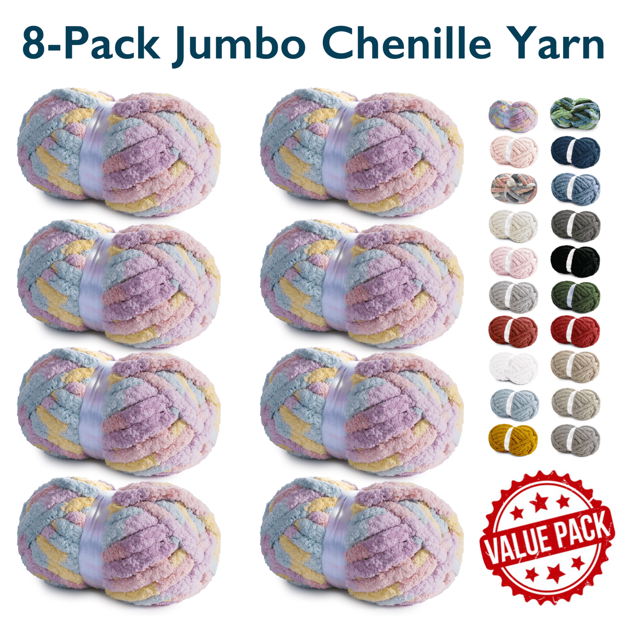 ComfiTime 8-Pack Jumbo 7 Chenille Yarn – Strong Thick Soft Fluffy Yarn for Crochet & Hand Knitting, Quick Work for Plush Blankets, DIY Crafts & Home Décor, Machine Washable, 28 Yds/Skein, Macaron
