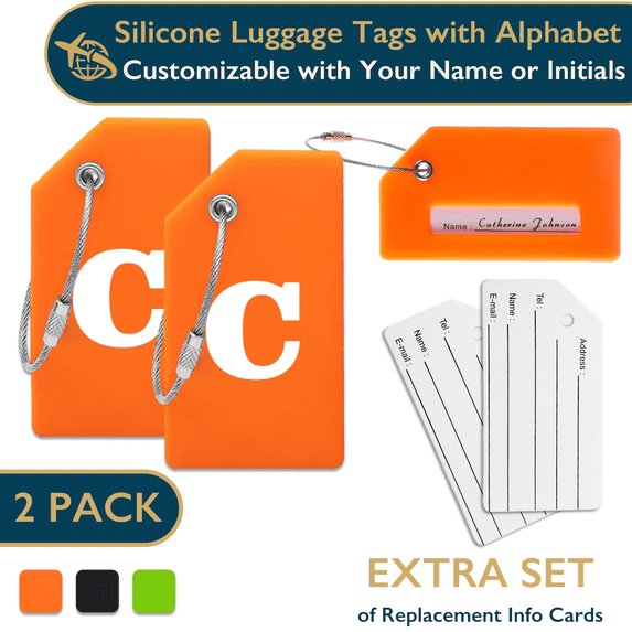 ComfiTime Luggage Tags with Alphabet– TSA Approved Silicone Luggage Tags for Suitcases, Travel Bag Tags for Luggage, Baggage & Backpacks, Luggage Identifier w/ Privacy Cover, Stainless-Steel Loop