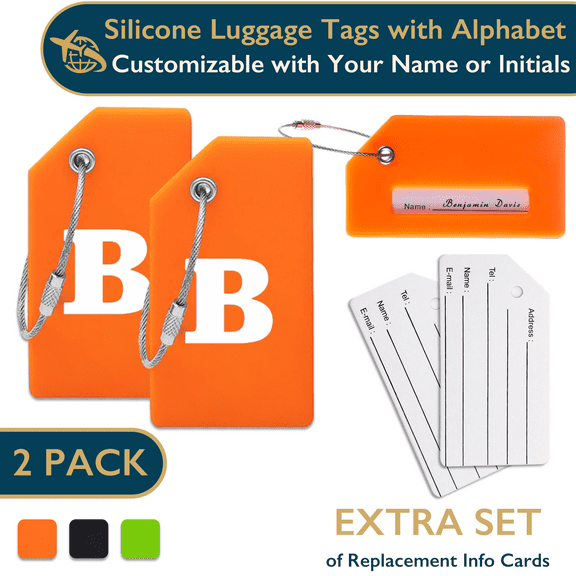 ComfiTime Luggage Tags with Alphabet– TSA Approved Silicone Luggage Tags for Suitcases, Travel Bag Tags for Luggage, Baggage & Backpacks, Luggage Identifier w/ Privacy Cover, Stainless-Steel Loop