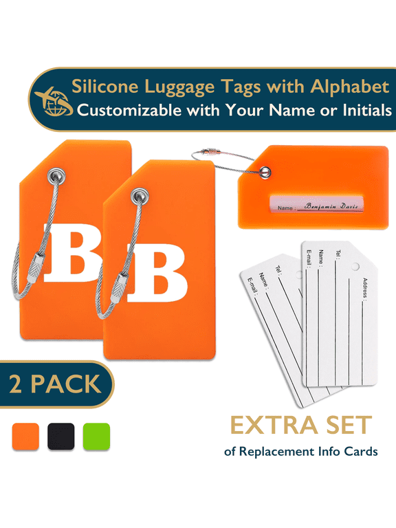 Luggage Tags with Alphabet– TSA Approved Silicone Luggage Tags for Suitcases, Travel Bag Tags for Luggage, Baggage & Backpacks, Luggage Identifier w/ Privacy Cover, Stainless-Steel Loop