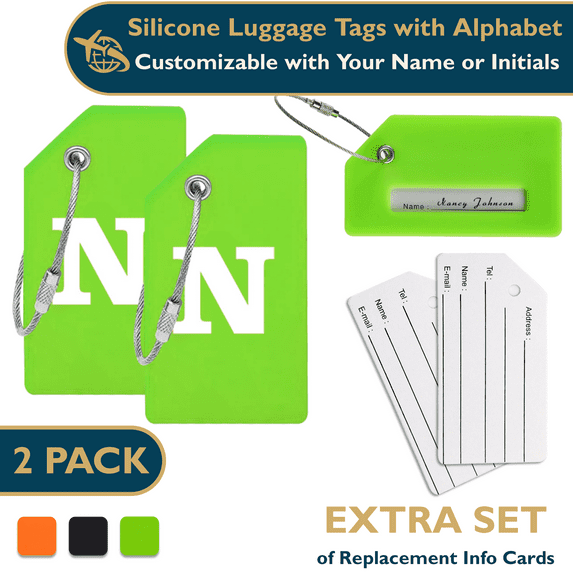 ComfiTime Luggage Tags with Alphabet– TSA Approved Silicone Luggage Tags for Suitcases, Travel Bag Tags for Luggage, Baggage & Backpacks, Luggage Identifier w/ Privacy Cover, Stainless-Steel Loop