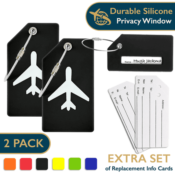 ComfiTime Luggage Tags – TSA Approved Silicone Luggage Tags for Suitcases, Travel Bag Tags for Luggage, Baggage & Backpacks, Luggage Identifier w/ Privacy Cover, Stainless-Steel Loop, 2 Pack, Black