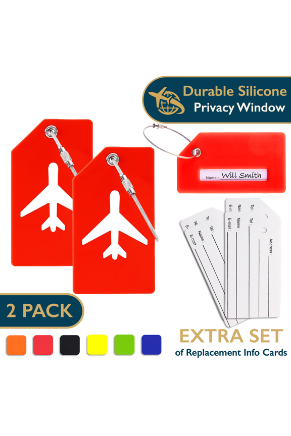 Luggage Tags – TSA Approved Silicone Luggage Tags for Suitcases, Travel Bag Tags for Luggage, Baggage & Backpacks, Luggage Identifier w/ Privacy Cover, Stainless-Steel Loop, 2 Pack, Red
