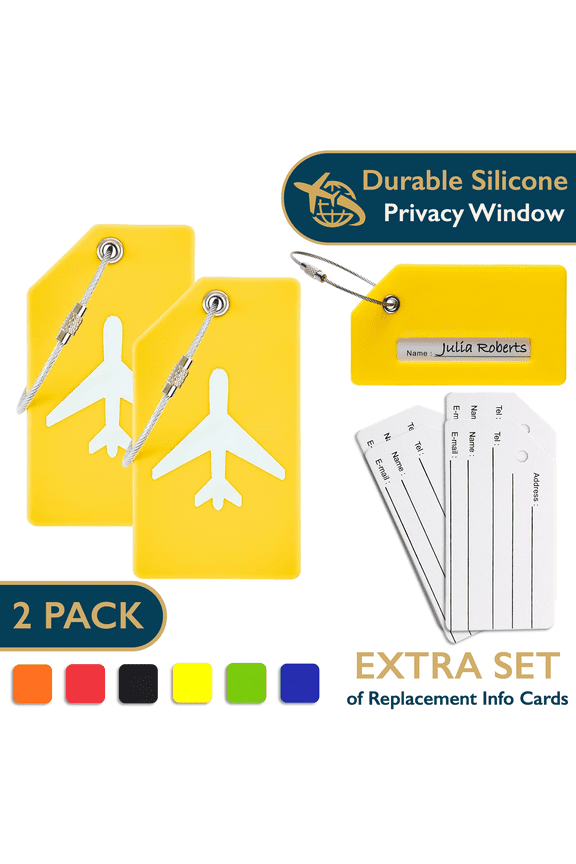 Luggage Tags – TSA Approved Silicone Luggage Tags for Suitcases, Travel Bag Tags for Luggage, Baggage & Backpacks, Luggage Identifier w/ Privacy Cover, Stainless-Steel Loop, 2 Pack, Yellow
