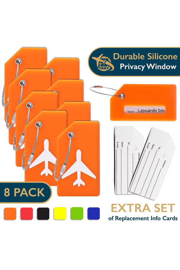 Luggage Tags – TSA Approved Silicone Luggage Tags for Suitcases, Travel Bag Tags for Luggage, Baggage & Backpacks, Luggage Identifier w/ Privacy Cover, Stainless-Steel Loop, 8 Pack, Orange