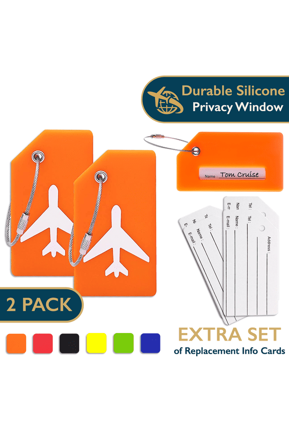 Luggage Tags – TSA Approved Silicone Luggage Tags for Suitcases, Travel Bag Tags for Luggage, Baggage & Backpacks, Luggage Identifier w/ Privacy Cover, Stainless-Steel Loop, 2 Pack, Orange