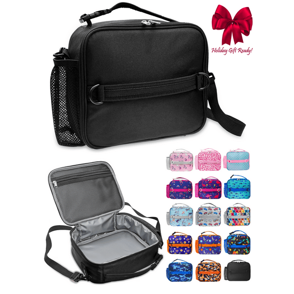 ComfiTime Lunch Bag for Kids – Insulated Lunch Box for Girls and Boys, Cute Reusable Cooler Bag with Zipper Pockets, Bottle Holder, Padded Handles and Shoulder Strap (Black)