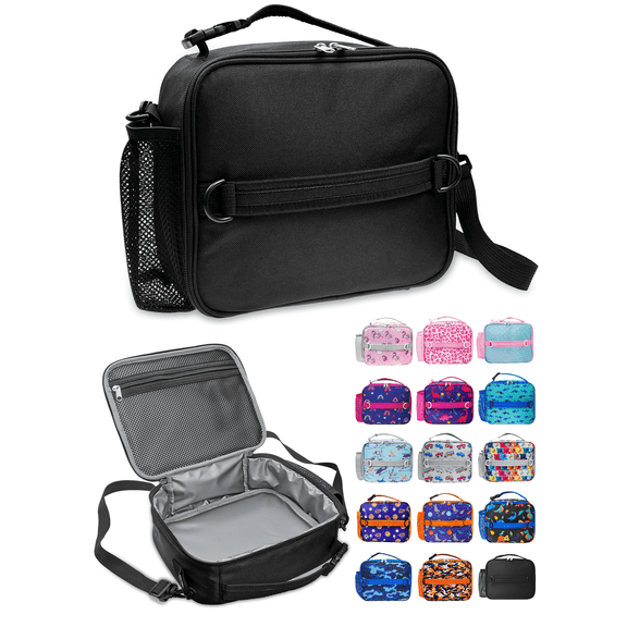 ComfiTime Lunch Bag for Kids – Insulated Lunch Box for Girls and Boys, Cute Reusable Cooler Bag with Zipper Pockets, Bottle Holder, Padded Handles and Shoulder Strap (Black)