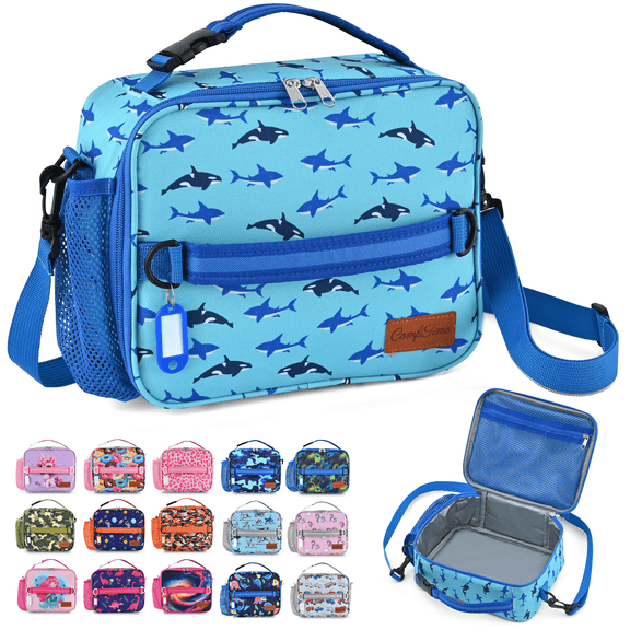 ComfiTime Lunch Bag for Kids – Insulated Lunch Box for Girls and Boys, Cute Reusable Cooler Bag with Zipper Pockets, Bottle Holder, Padded Handles and Shoulder Strap (Blue Shark)