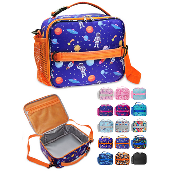ComfiTime Lunch Bag for Kids – Insulated Lunch Box for Girls and Boys, Cute Reusable Cooler Bag with Zipper Pockets, Bottle Holder, Padded Handles and Shoulder Strap (Blue Space)