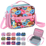 ComfiTime Lunch Bag for Kids – Insulated Lunch Box for Girls and Boys, Cute Reusable Cooler Bag with Zipper Pockets, Bottle Holder, Padded Handles and Shoulder Strap (Doughnuts)